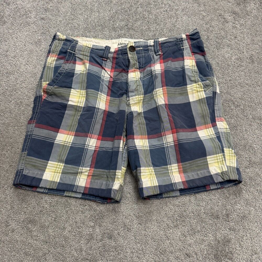 Abercrombie & Fitch Button Fly Plaid Shorts Mens 32 Blue Cotton Casual Preppy